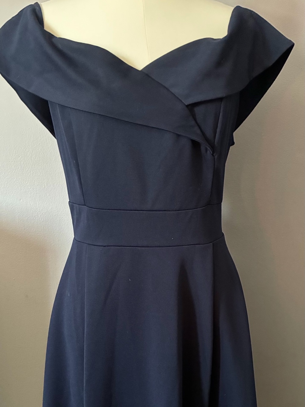 Off-the-Shoulder Navy Midi Fit-and-Flare Dress